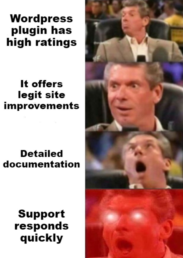 Meme showing man getting excited about a wordpress plugin with good reviews, documentation & support