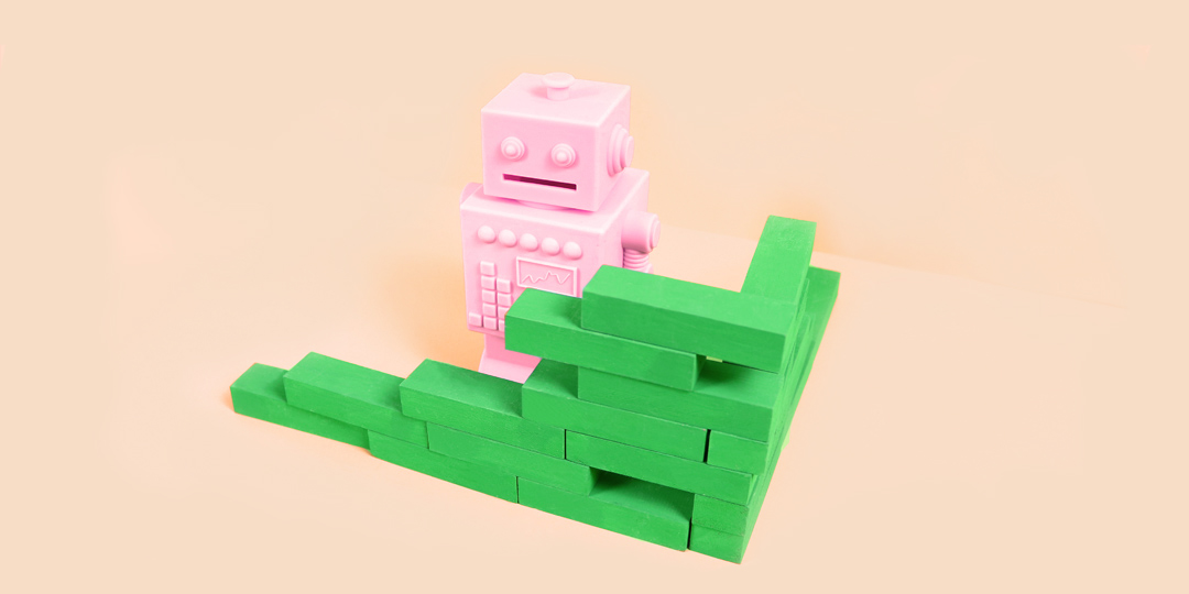 pink bot behind green wall