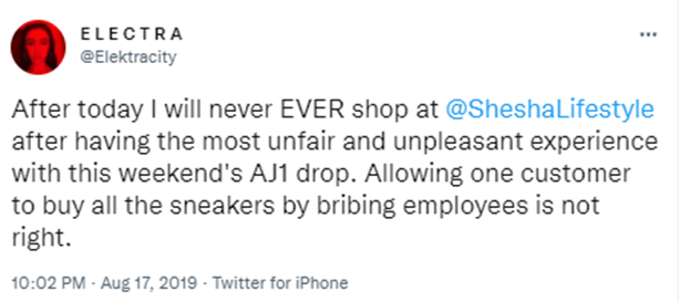 Second tweet about unfair shopping experience