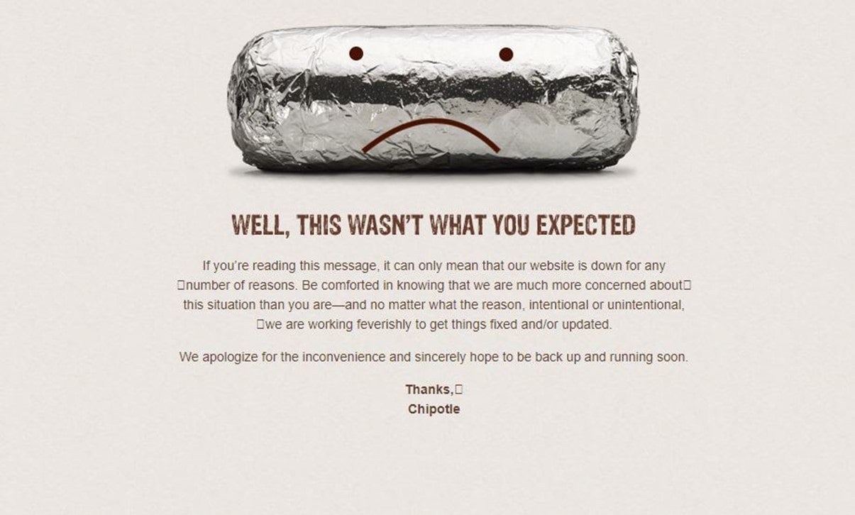 Chipotle error page with Burrito and text saying "Well, this wasn't what you expected"