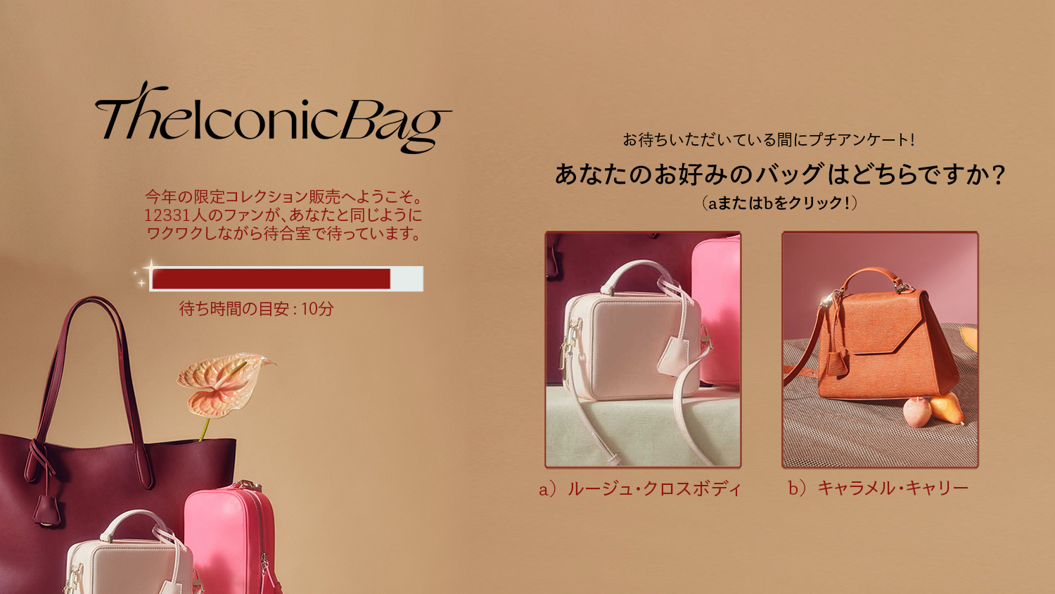 Luxury bag queue page with quiz