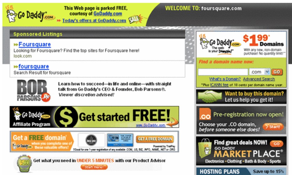 GoDaddy page showing the foursquare.com domain for sale