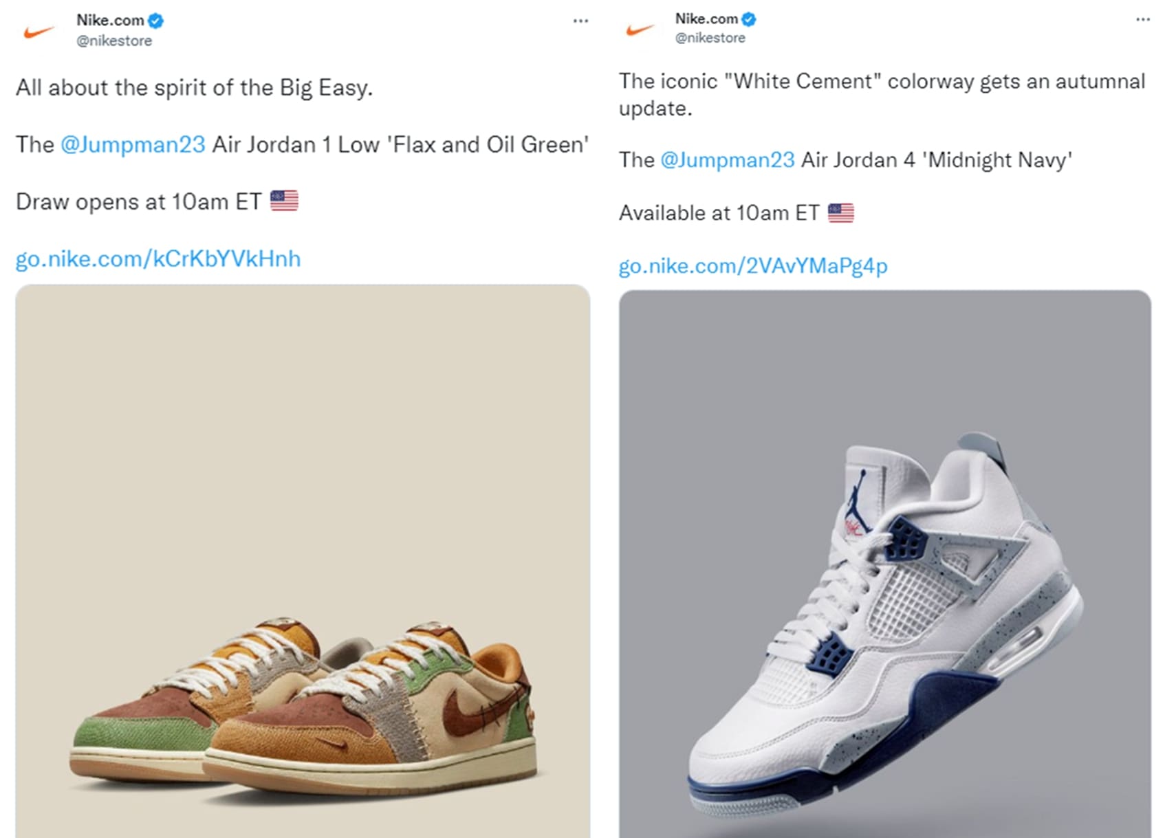 Two Nike Tweets announcing new sneaker drops