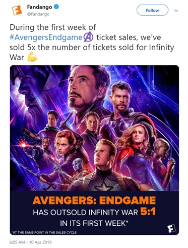 Fandango tweet on Avengers: Endgame presales