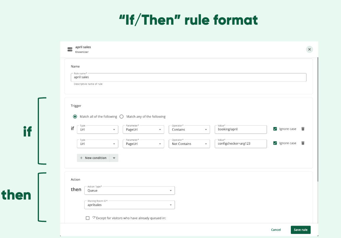 Queue-it Integration Rules if/then rule screenshot
