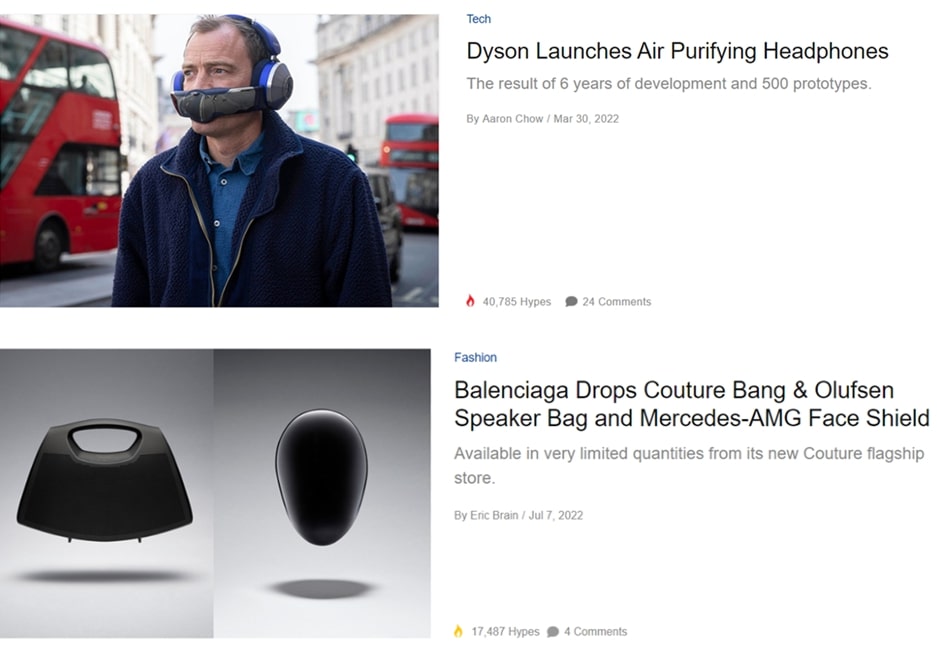 Two headlines saying "Dyson Launches air purifying headphones", and "Balenciaga drops speaker"