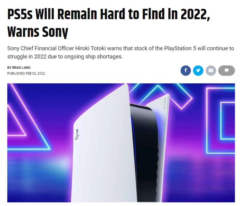 Headline reading: "PS5s will remain hard to find in 2022, warns Sony"