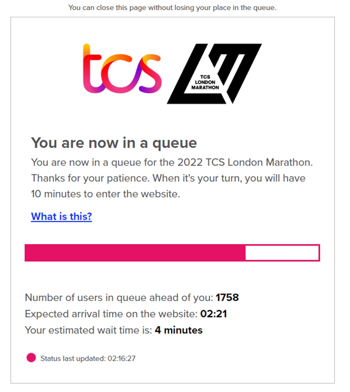 njuko queue page TCS London Marathon