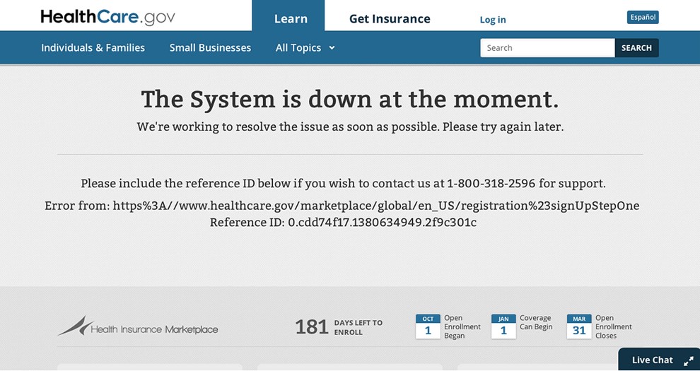 Healthcare.gov’s error page on the day it launched saying "the system is down"