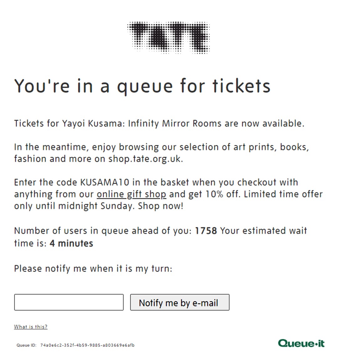 Tate Kusama queue page custom waiting room