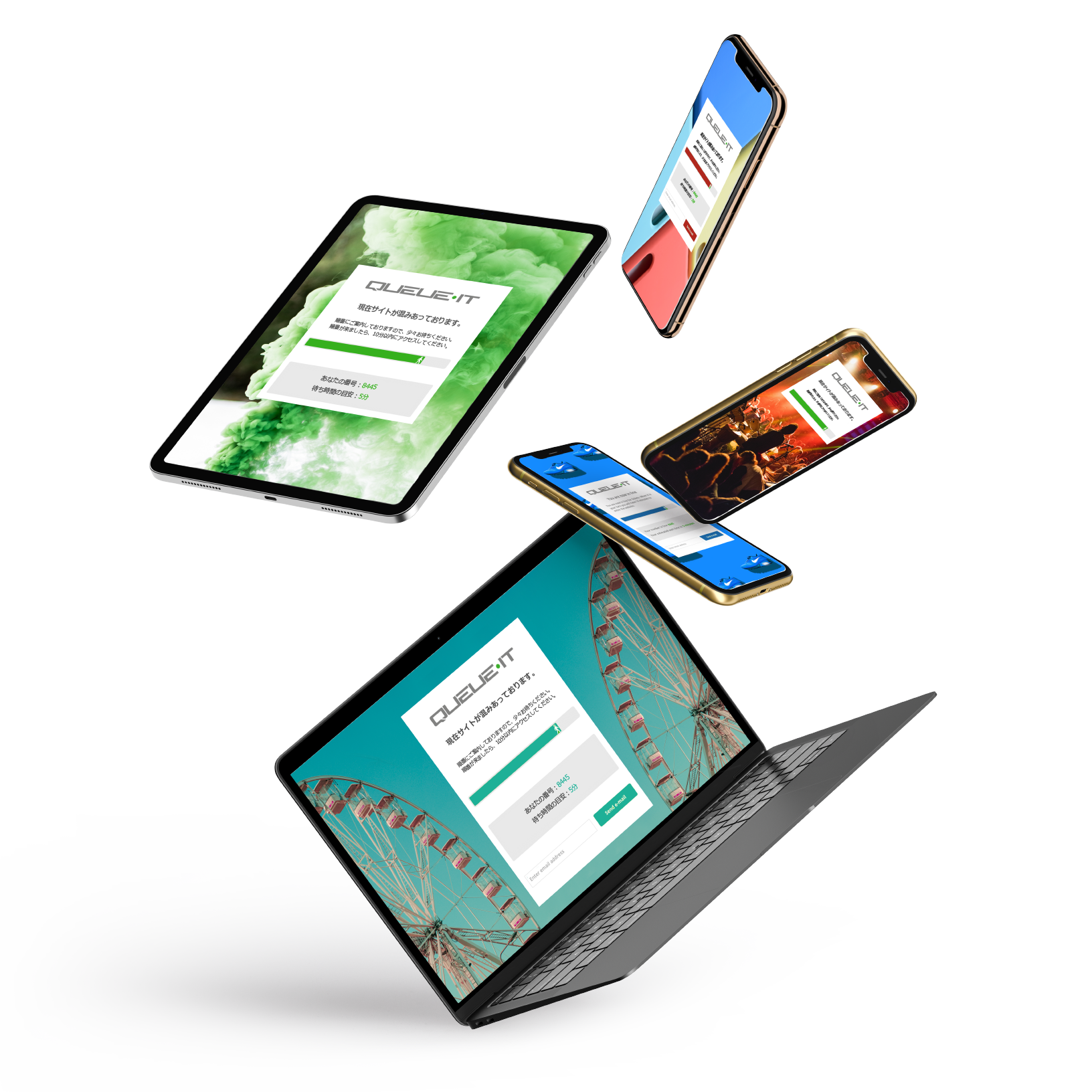 Laptop, tablets & mobile phones with queue pages