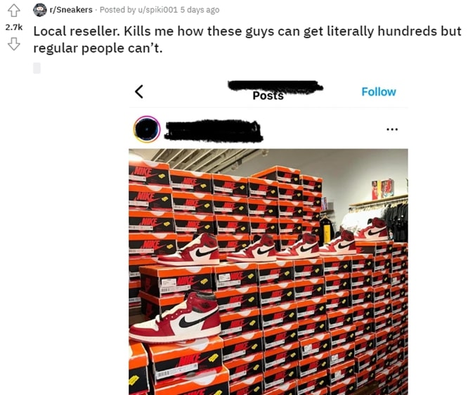 Reddit post showing a local reseller with hundreds of pairs of sneakers