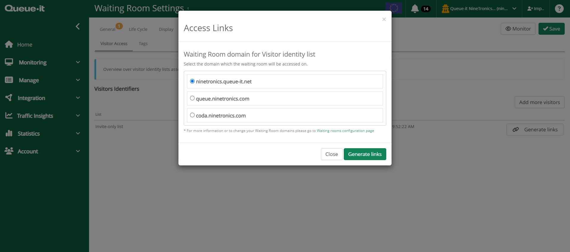 Select domain name to generate links for invite-only waiting room