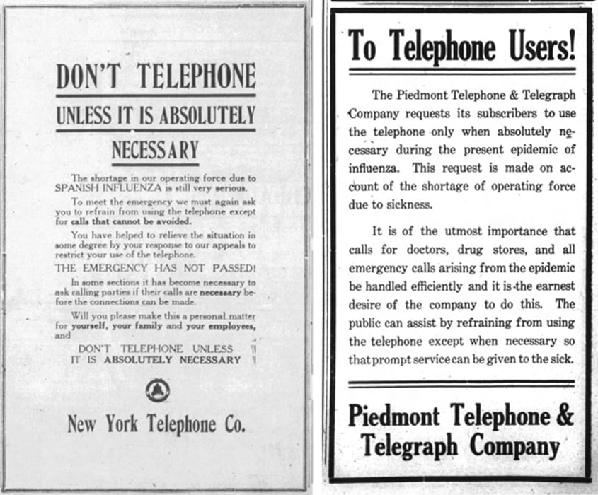 Old newspapers 1918 flu reading 'Don't use telephone'