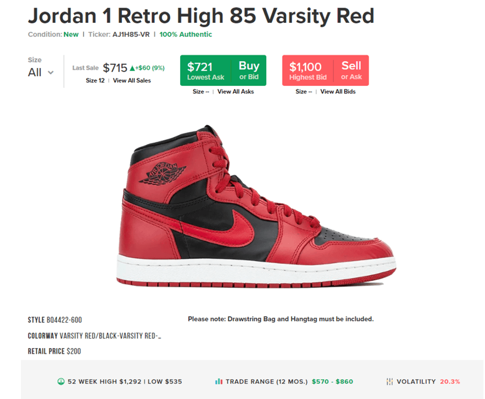 Jordan 1 Retro on StockX sneaker resale site