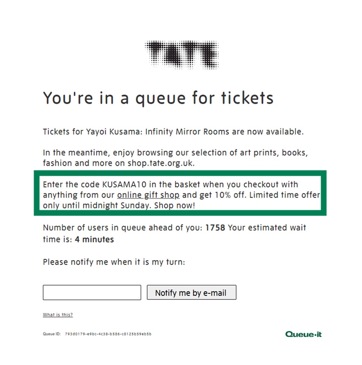 Tate Modern queue page with discount code highlighted