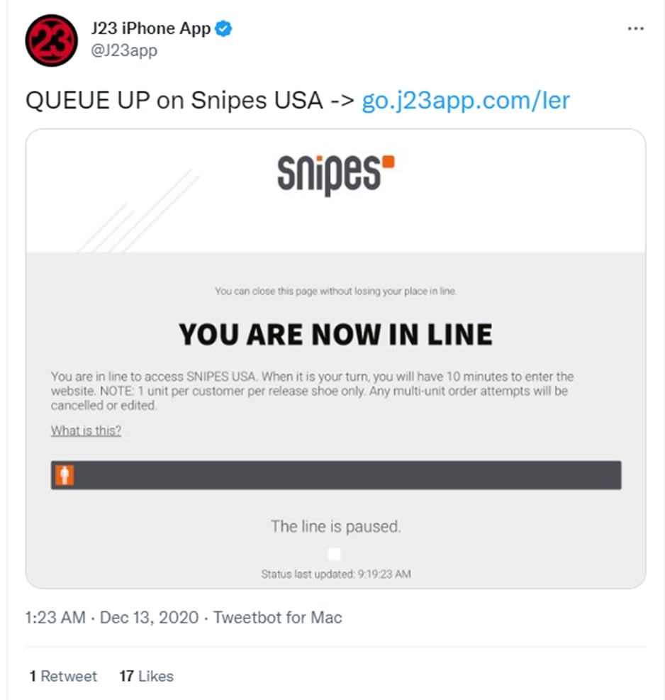 Tweet with SNIPES queue page