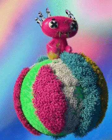 Pink alien character walks on a round fuzz ball, character X NFT