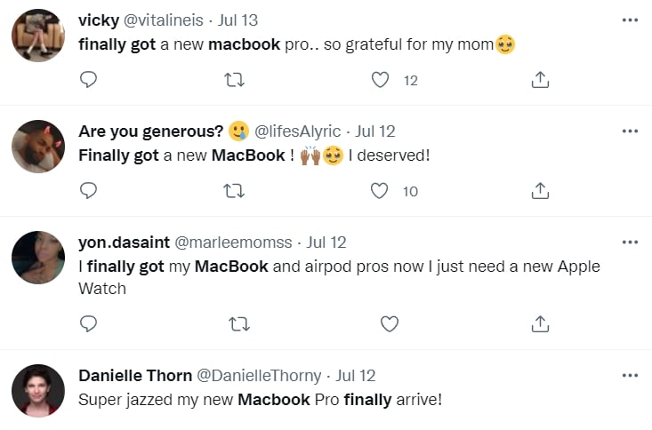 4 Tweets about people finally getting their new MacBooks