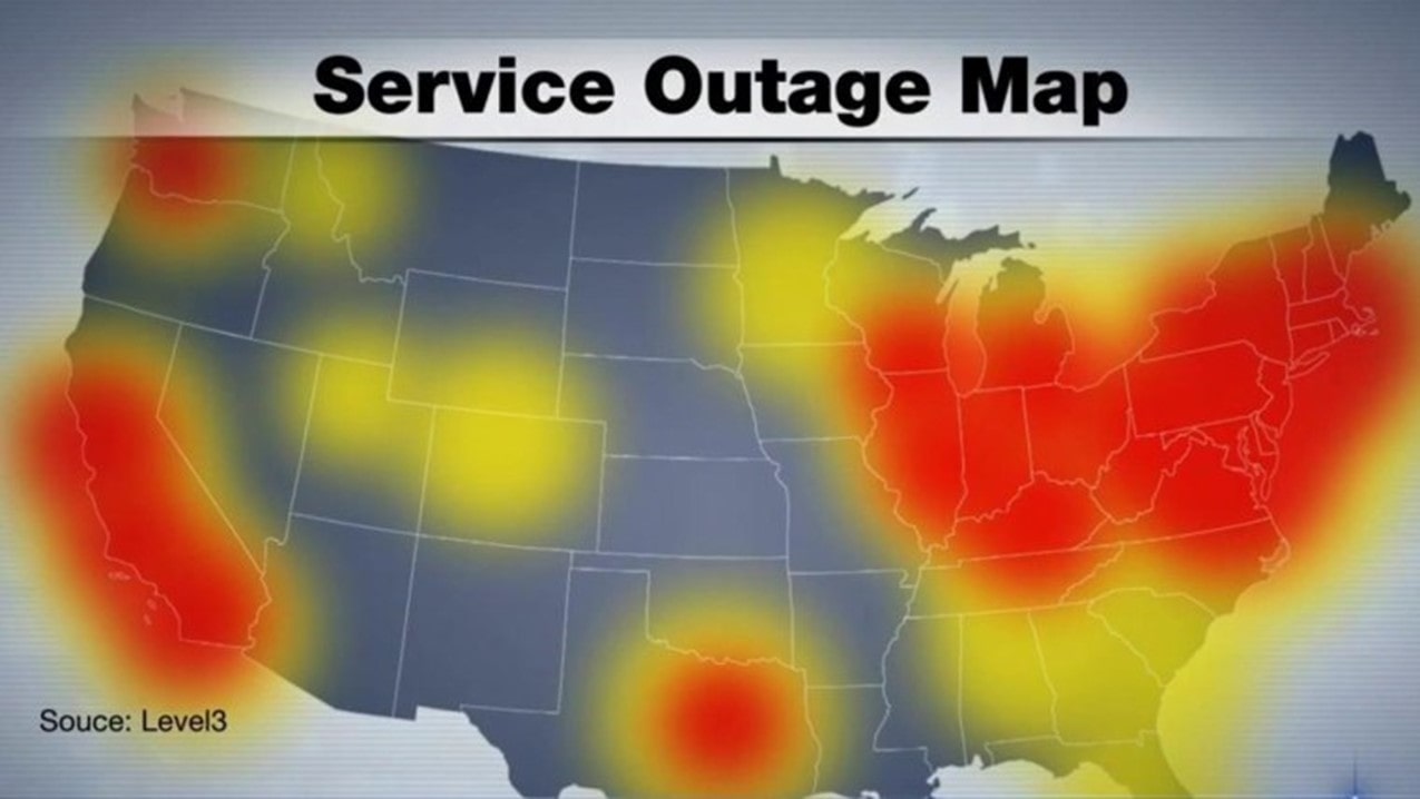 Map showing areas of the U.S. affected by the Dyn outage
