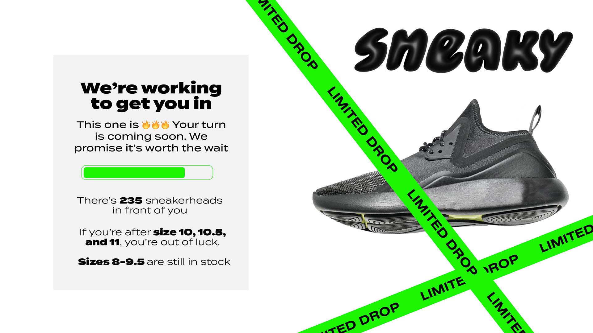 Sneaker waiting room page showing no. of people in queue and live stock updates