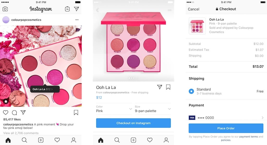 Example screenshots of Instagram Checkout flow