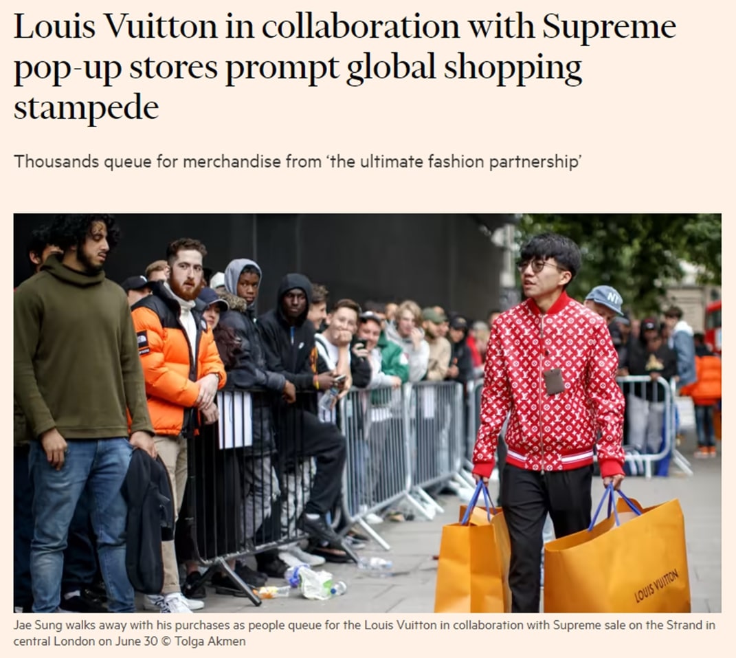 Financial Times Headline: Louis Vuitton collaboration with Supreme prompt global shopping stampede