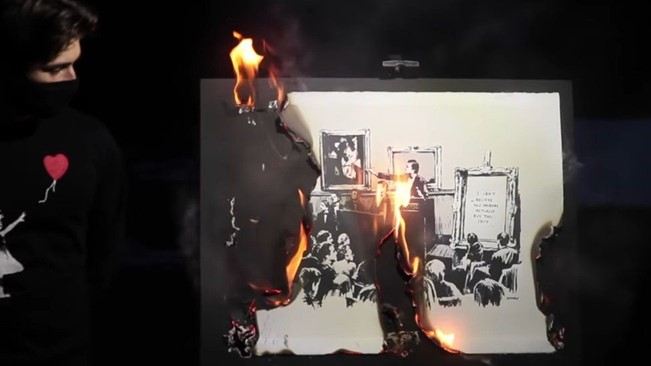 Burning Banksy artwork