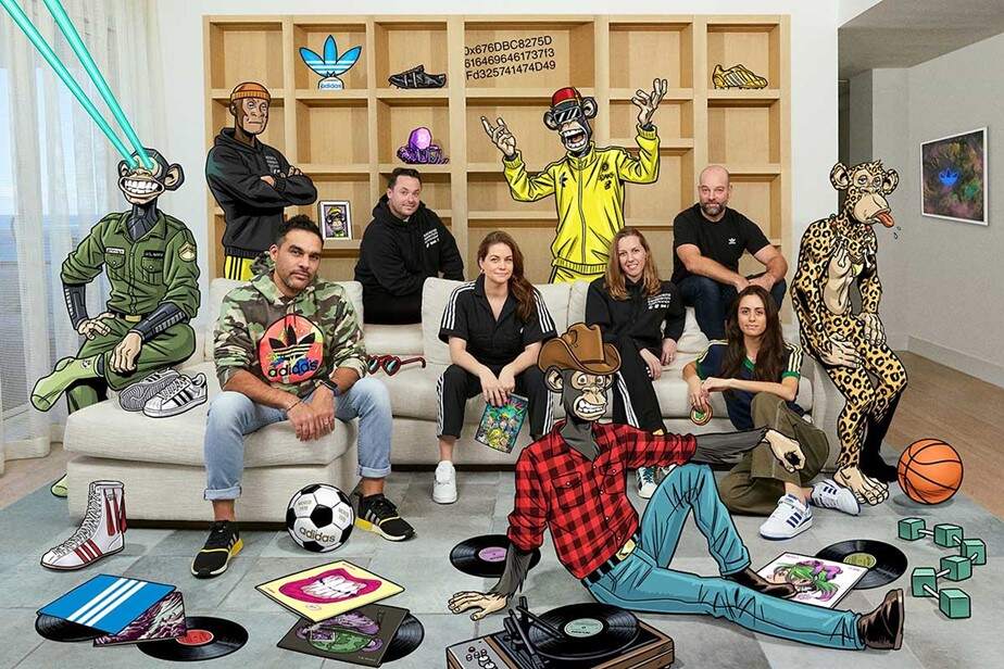 Adidas NFT drop promotional image. people in room with NFT avatars