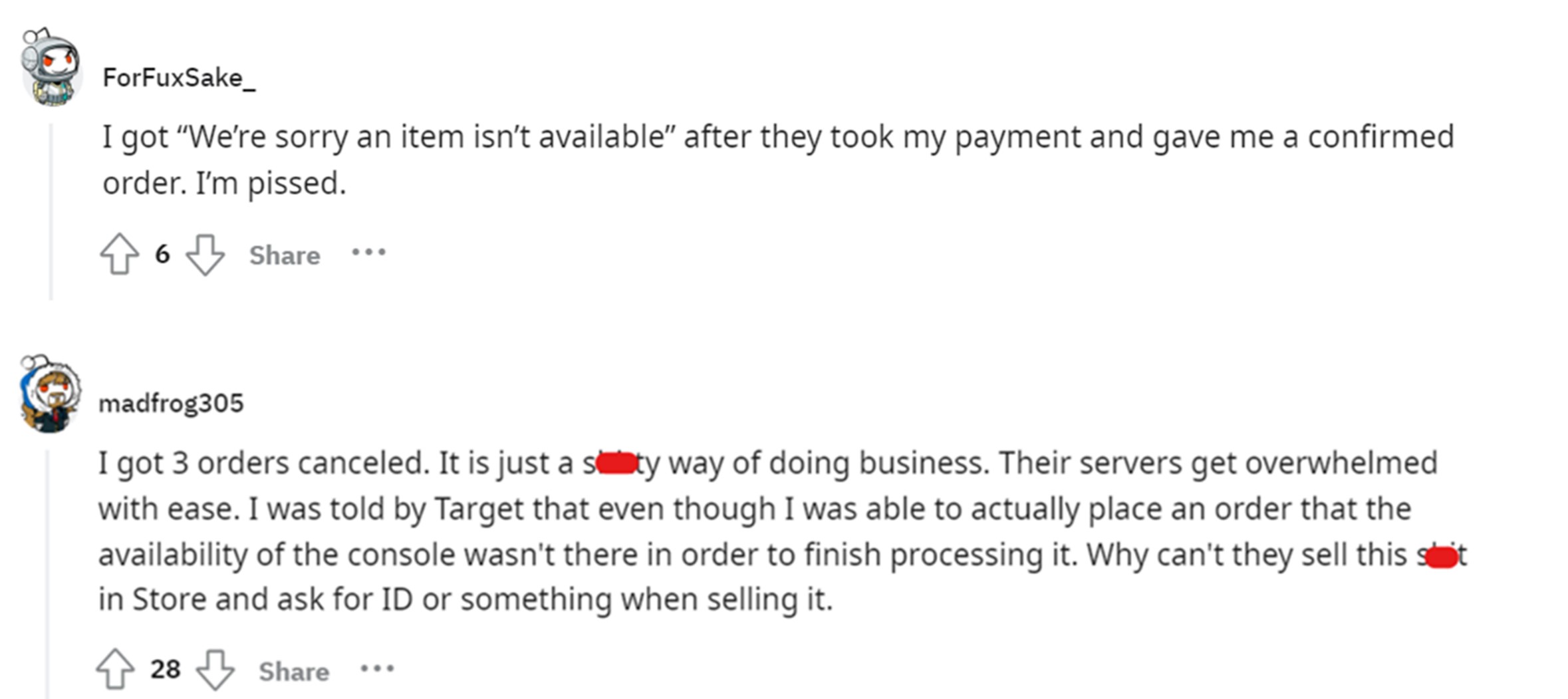 Screenshot of reddit thread where users complain about overselling
