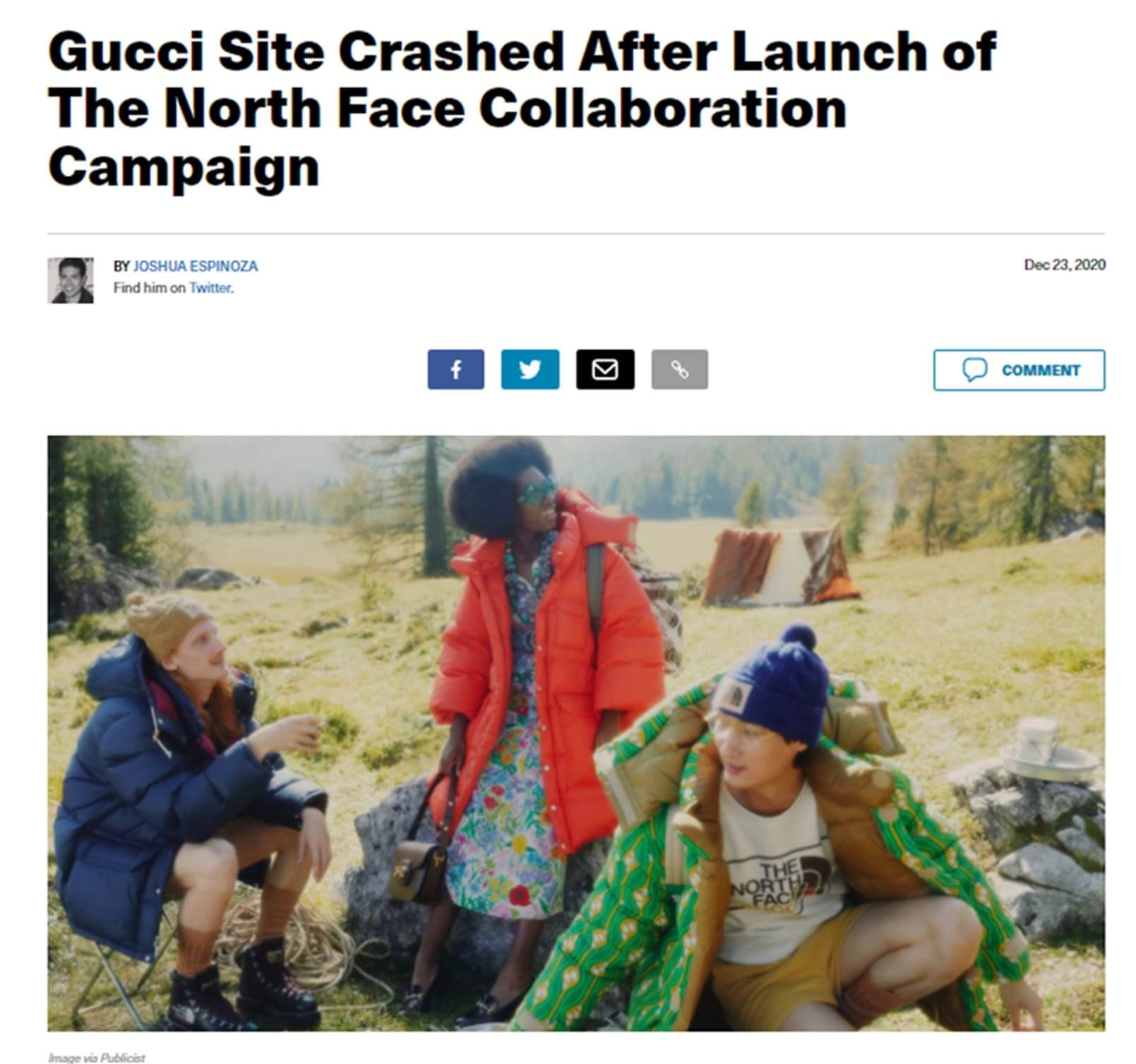 Headline "Gucci site crashed after launch of The North Face collaboration campaign"