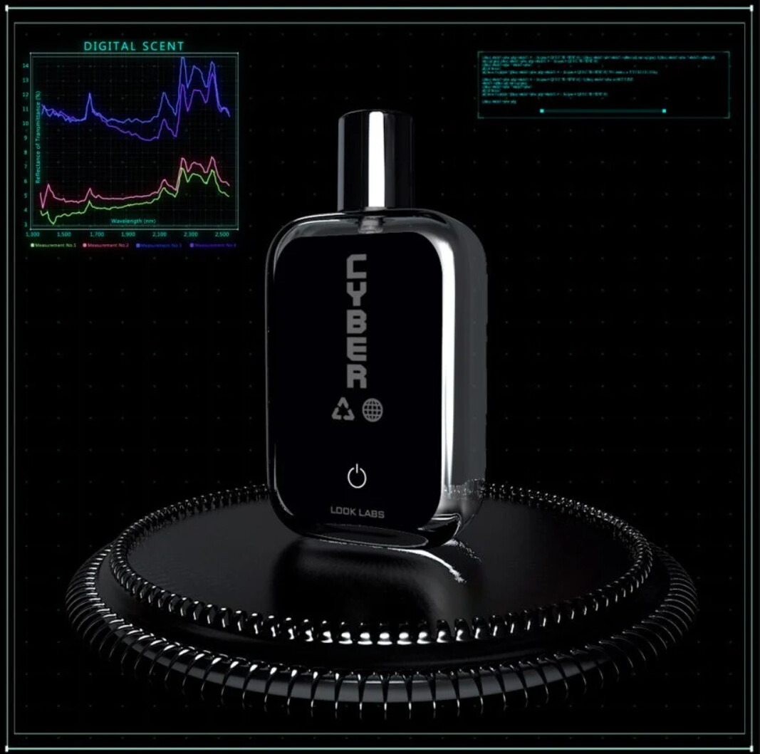 black perfume bottle with chart displaying digital scent NFT