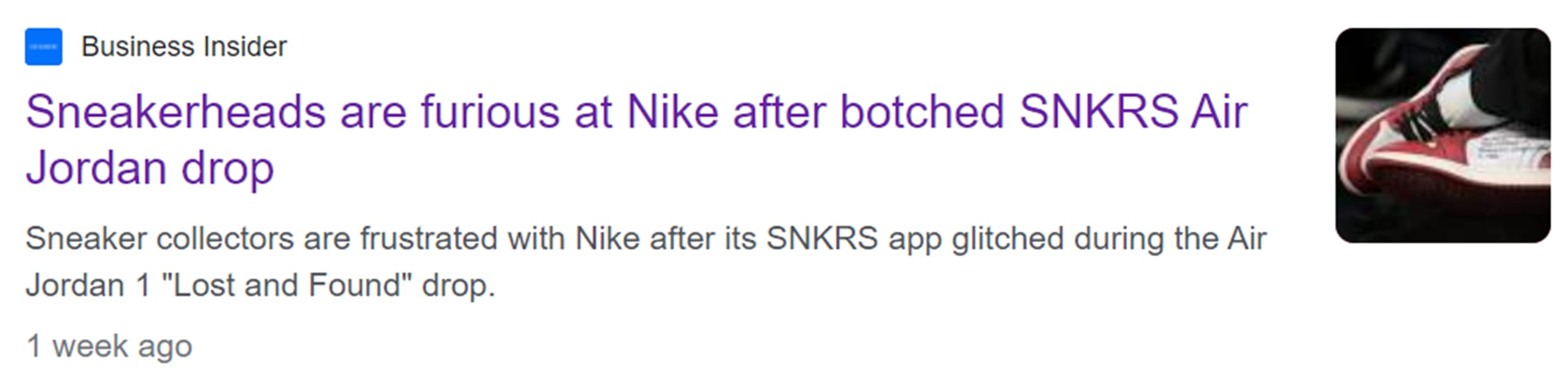 Headline that reads "Sneakerheads are furious at Nike after botched SNKRS Air Jordan Drop"