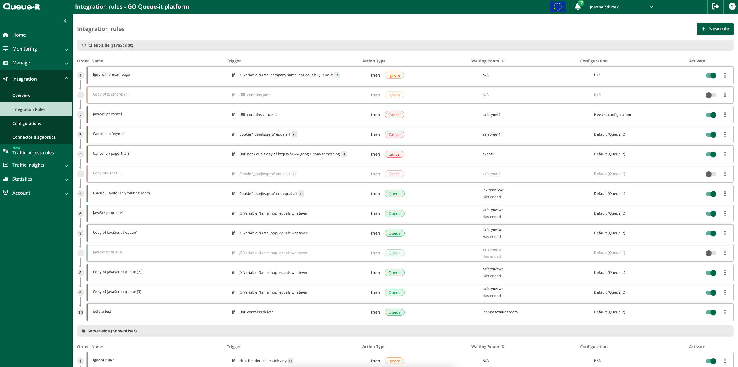 Integration rules UI