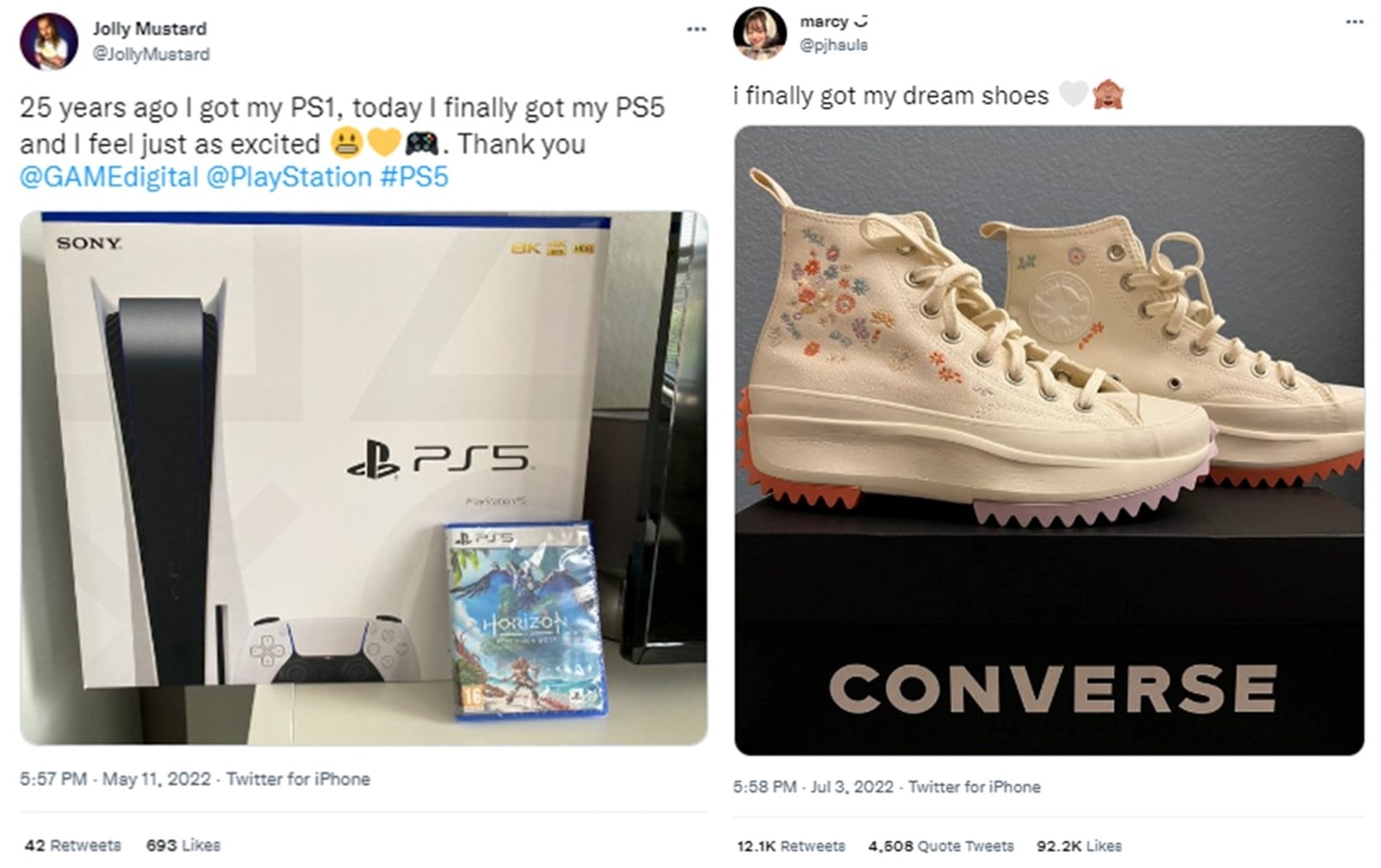 Two tweets of people happy to finally have their PS5 and their dream shoes