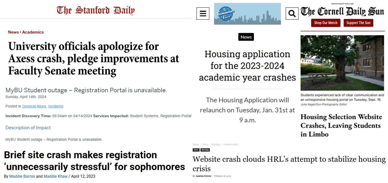 Examples of university website crashes