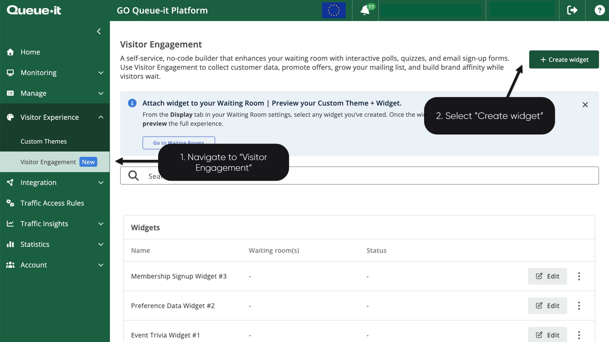 Navigate to Visitor Engagement and click create widget