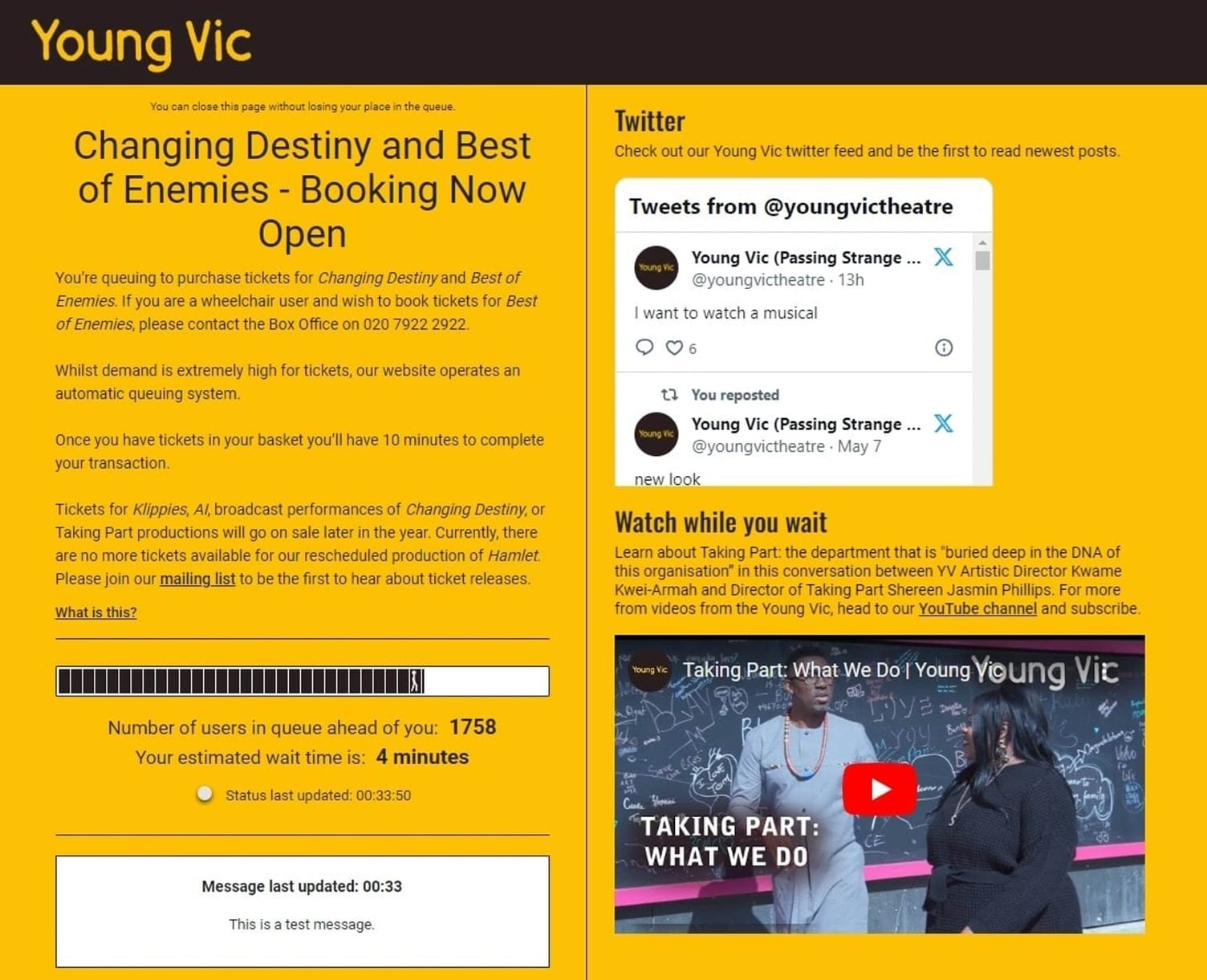 Young Vic queue page with twitter feed & YouTube video embedded