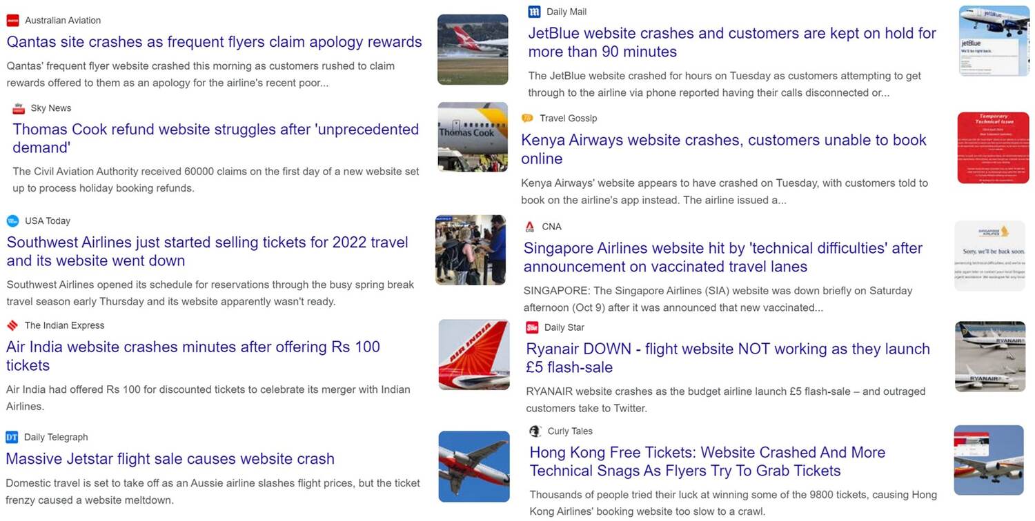 Examples of airline website crashes