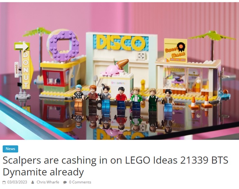News article saying LEGO x BTS brand collab is being resold by scalpers