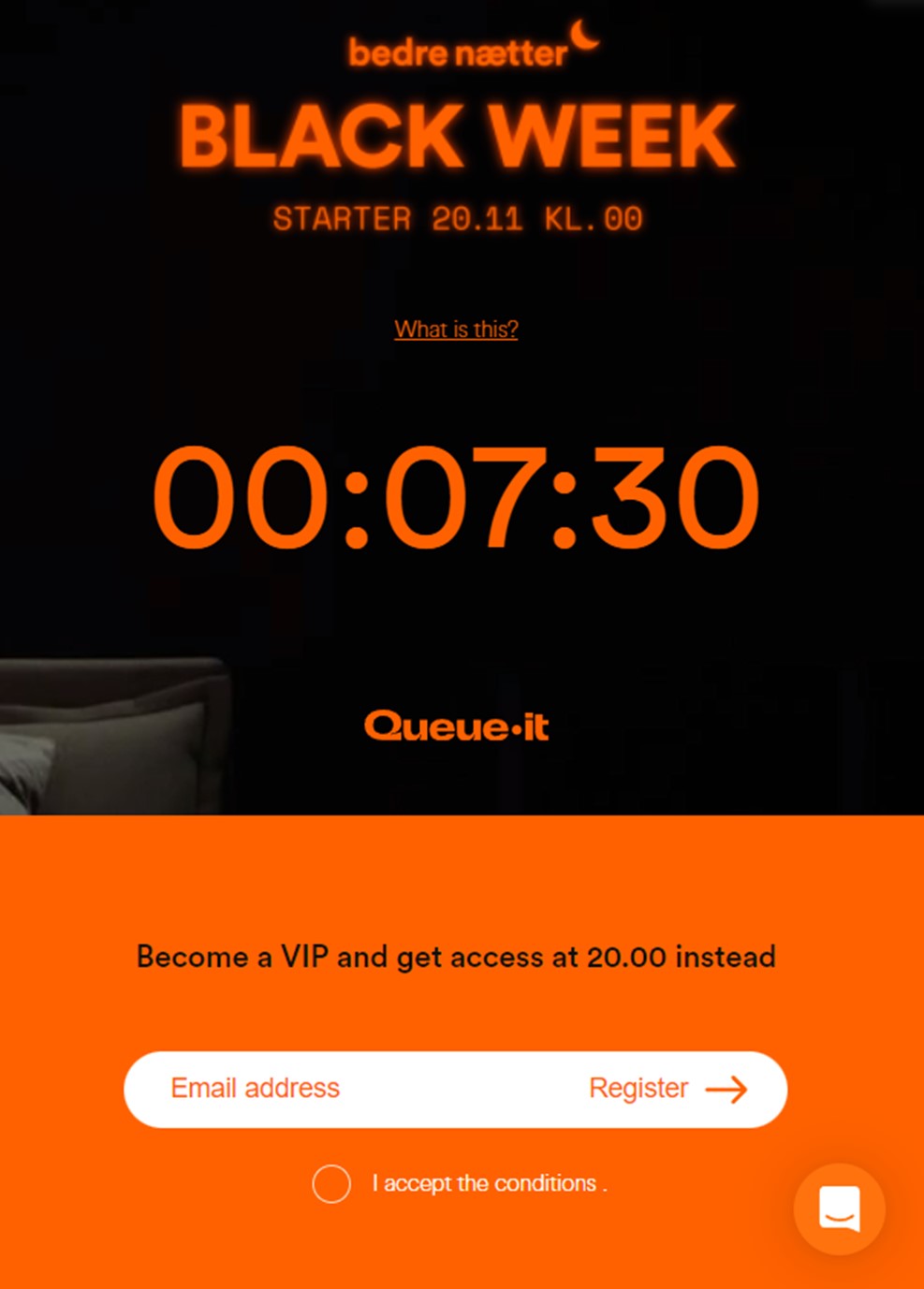 Bedre Naetter queue page with countdown timer & sign-up form