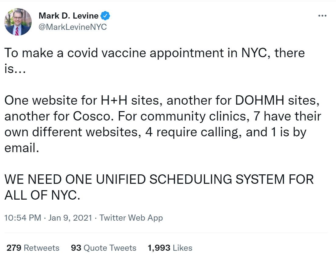 Tweet about vaccines frustration in New York
