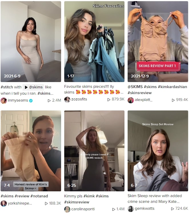 6 TikTok videos with millions of views, women reviewing SKIMS products