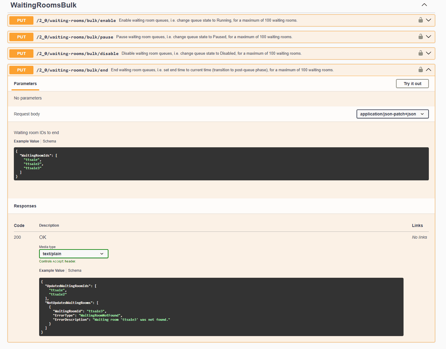 Screenshot of Swagger API documentation for bulk edits Queue-it