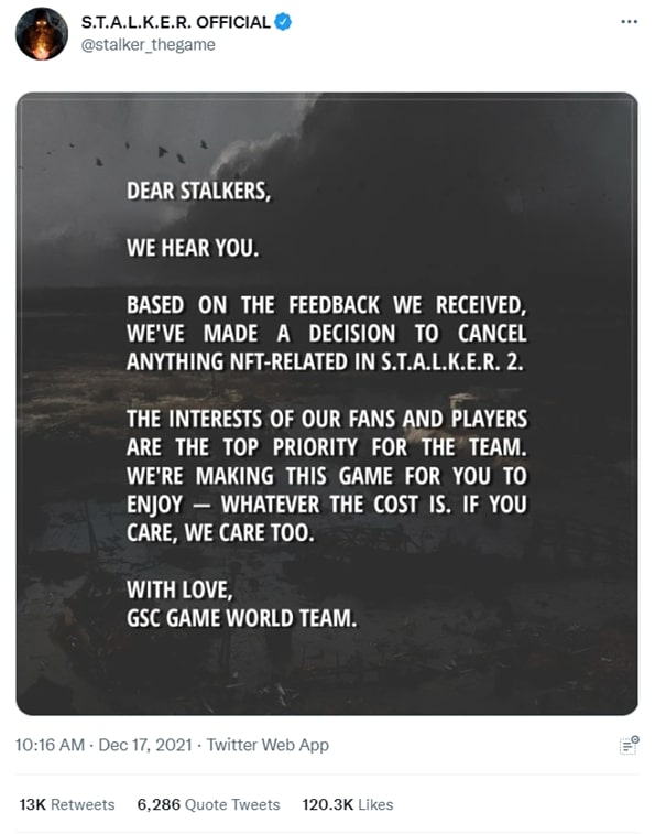 Tweet from Stalker game saying they are cancelling their NFT project due to fan backlash
