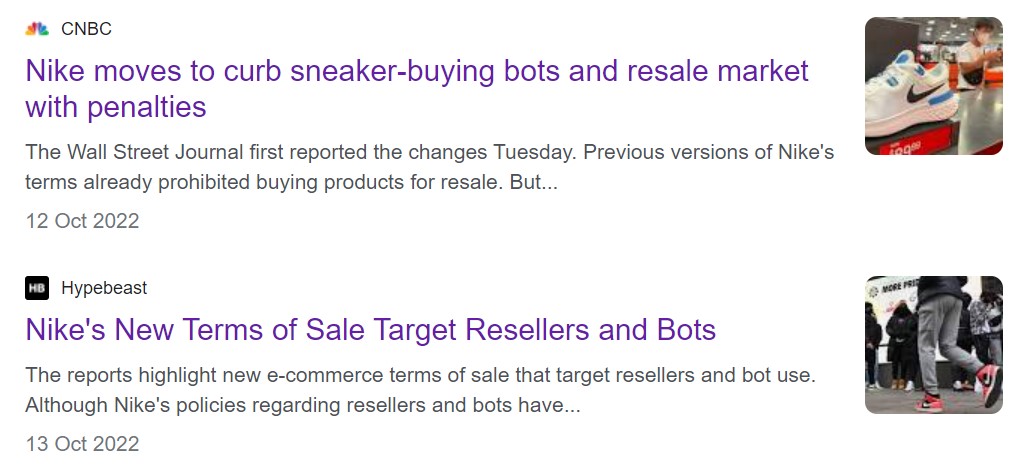 Two headlines about Nike changing terms of service to target bots & resellers