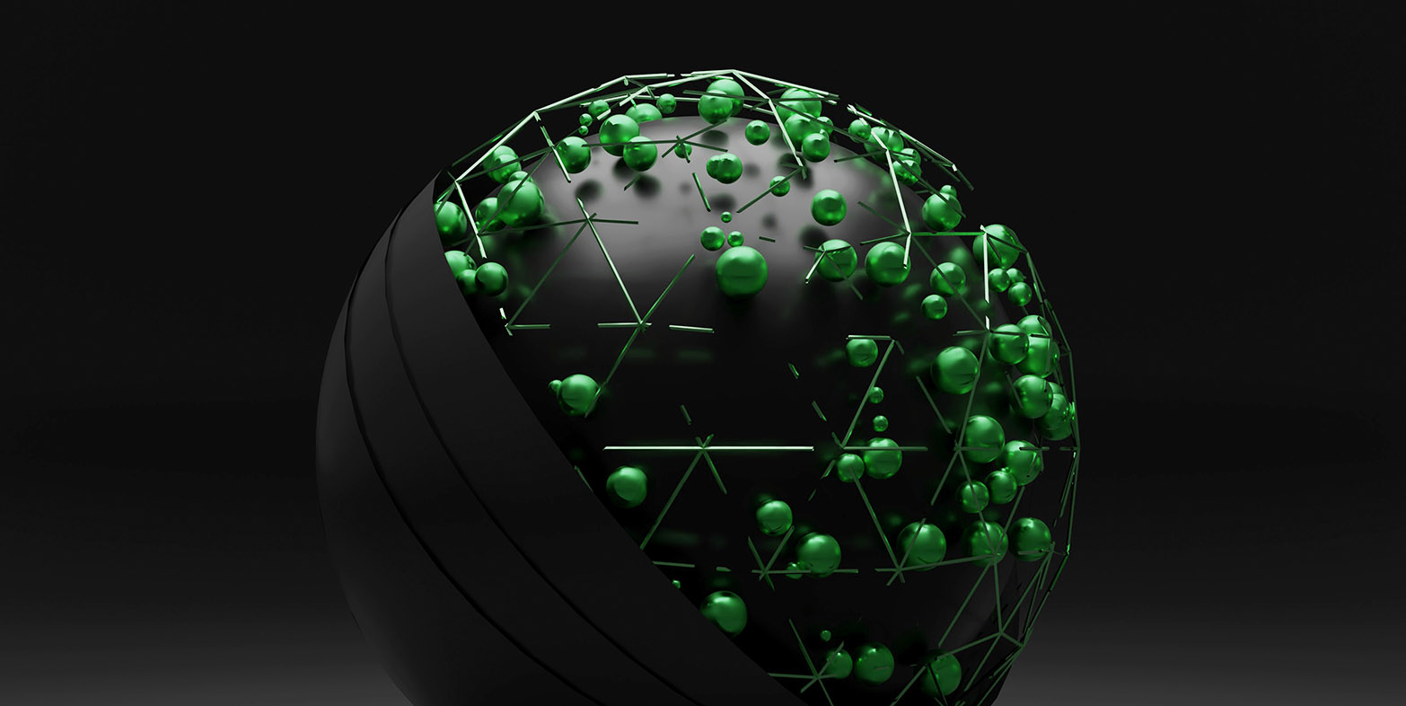 connected green dots on black sphere