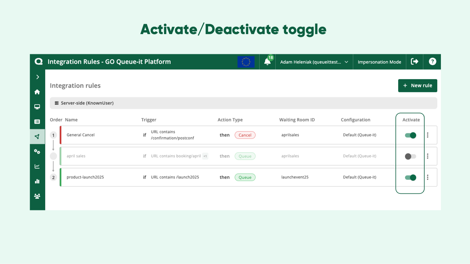Queue-it Integration Rules activate deactivate toggle button