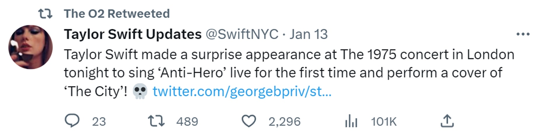 The O2 arena retweets tweet from "Taylor Swift Updates" fan account