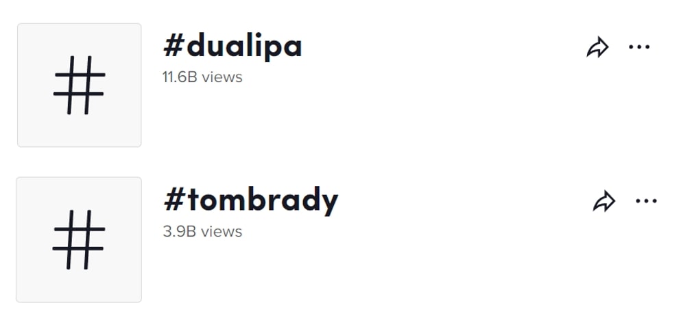 TikTok hashtags for Dua Lipa and Tom Brady with 15 billion views